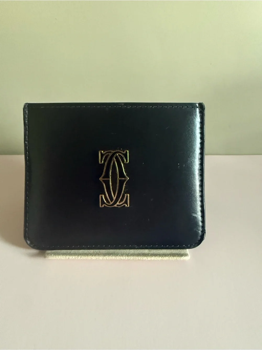 Cartier Black Leather Double C Logo Card Holder Gold Tone